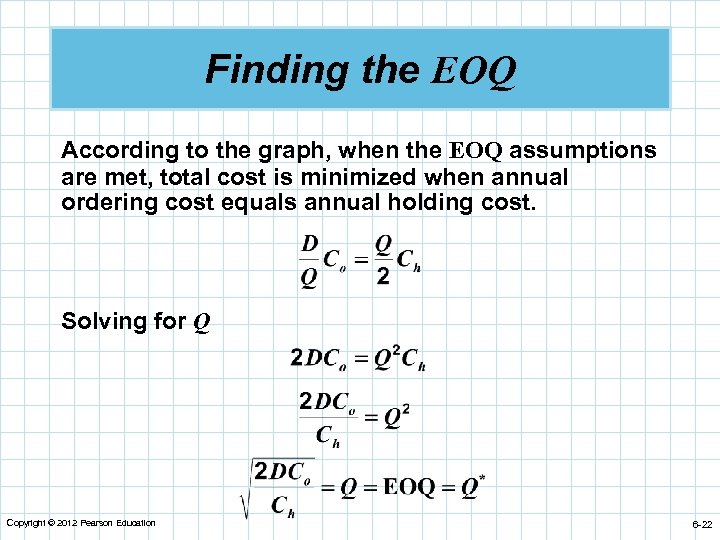 Finding the EOQ According to the graph, when the EOQ assumptions are met, total