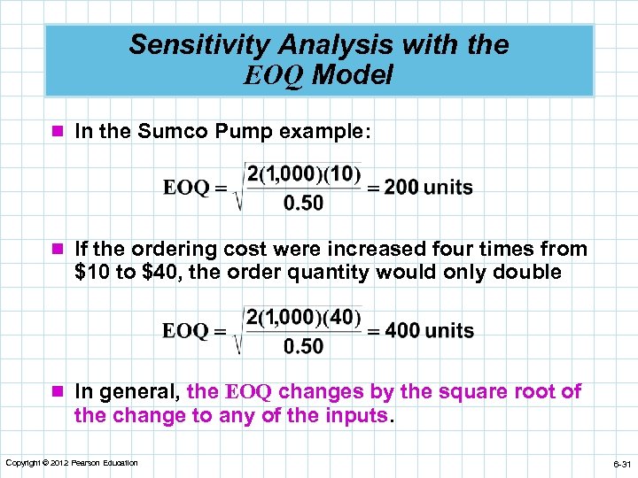 Sensitivity Analysis with the EOQ Model n In the Sumco Pump example: n If