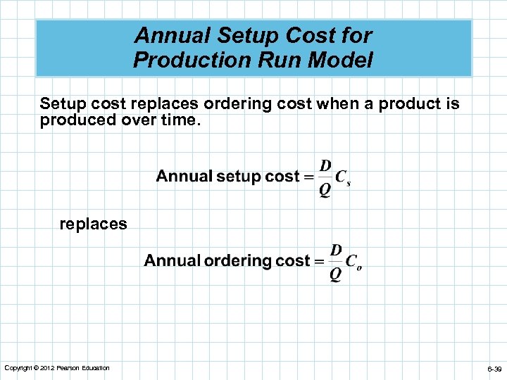 Annual Setup Cost for Production Run Model Setup cost replaces ordering cost when a