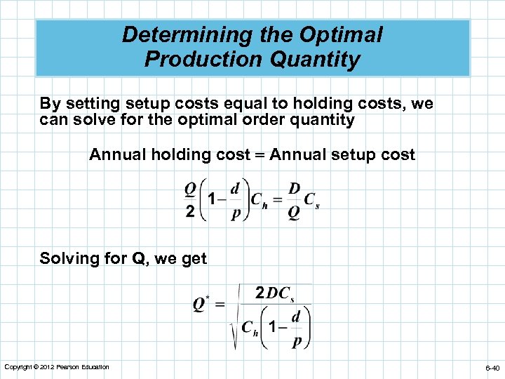 Determining the Optimal Production Quantity By setting setup costs equal to holding costs, we