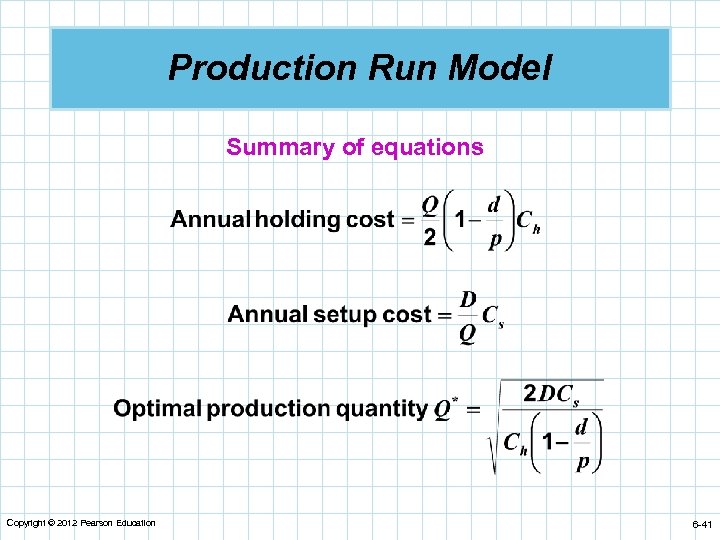 Production Run Model Summary of equations Copyright © 2012 Pearson Education 6 -41 