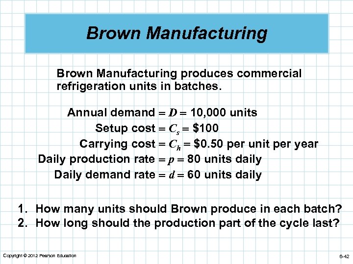 Brown Manufacturing produces commercial refrigeration units in batches. Annual demand D 10, 000 units