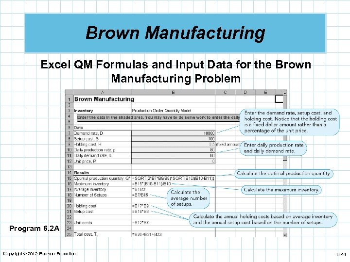 Brown Manufacturing Excel QM Formulas and Input Data for the Brown Manufacturing Problem Program