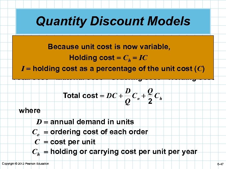 Quantity Discount Models n Quantity discounts are commonly available. Because unit cost is now