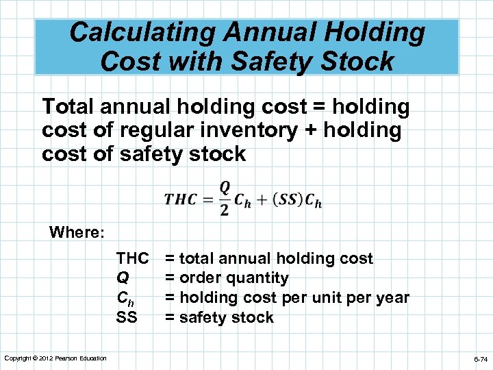 Calculating Annual Holding Cost with Safety Stock Total annual holding cost = holding cost