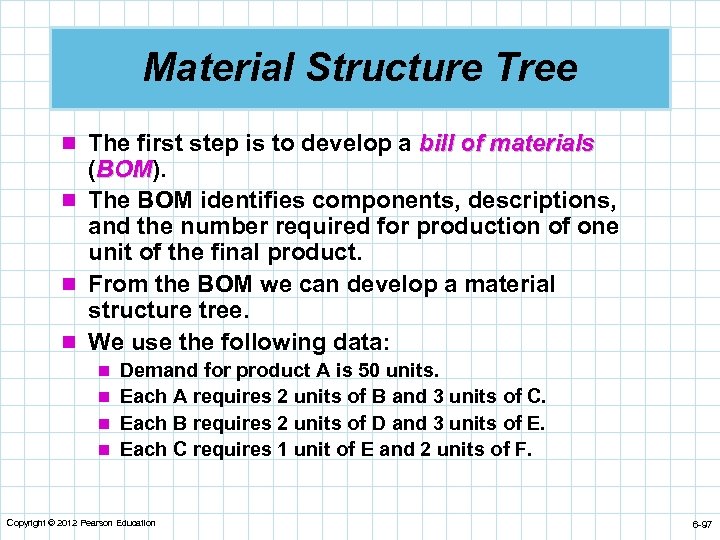 Material Structure Tree n The first step is to develop a bill of materials
