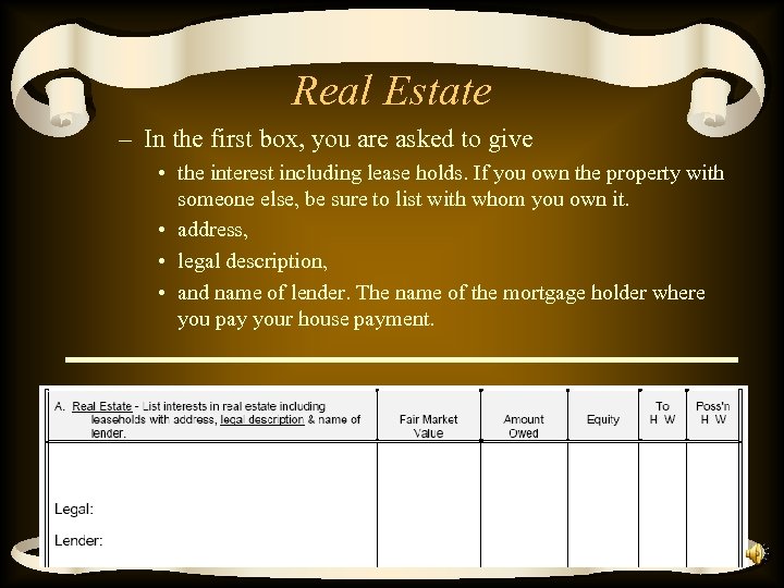 Real Estate – In the first box, you are asked to give • the