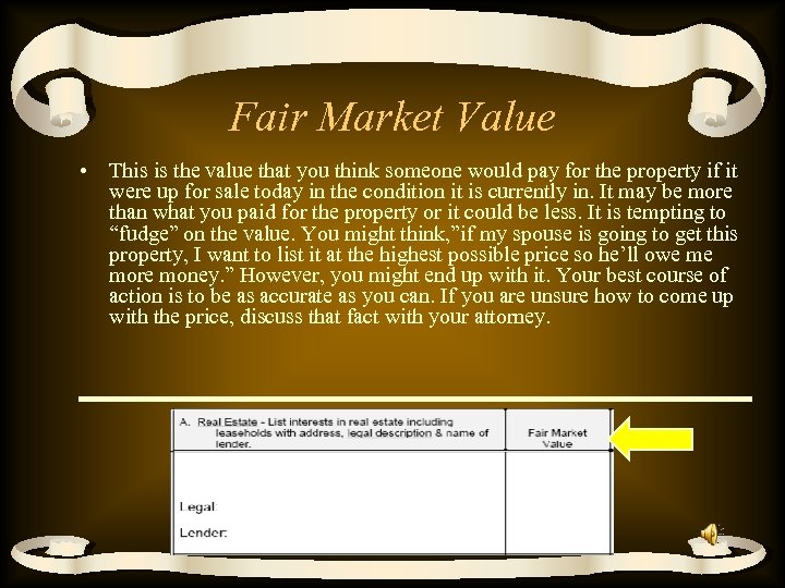 Fair Market Value • This is the value that you think someone would pay