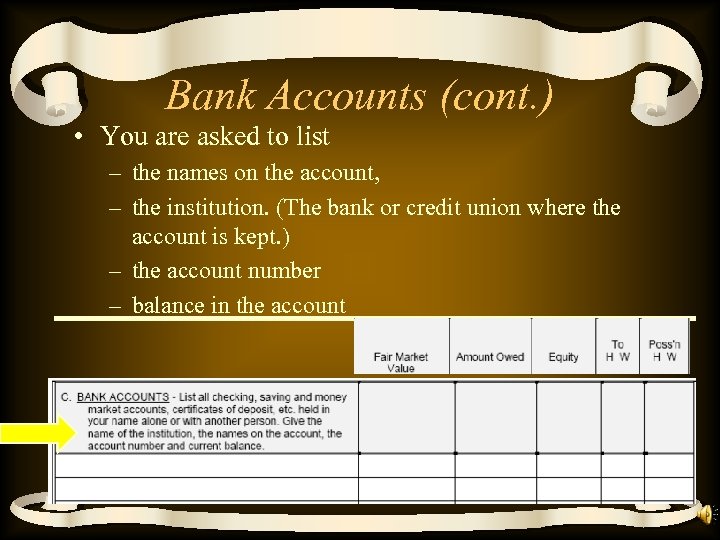 Bank Accounts (cont. ) • You are asked to list – the names on