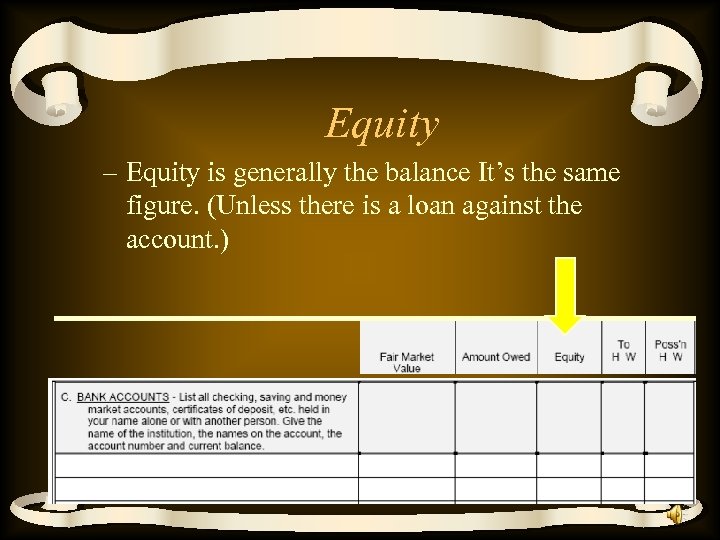 Equity – Equity is generally the balance It’s the same figure. (Unless there is