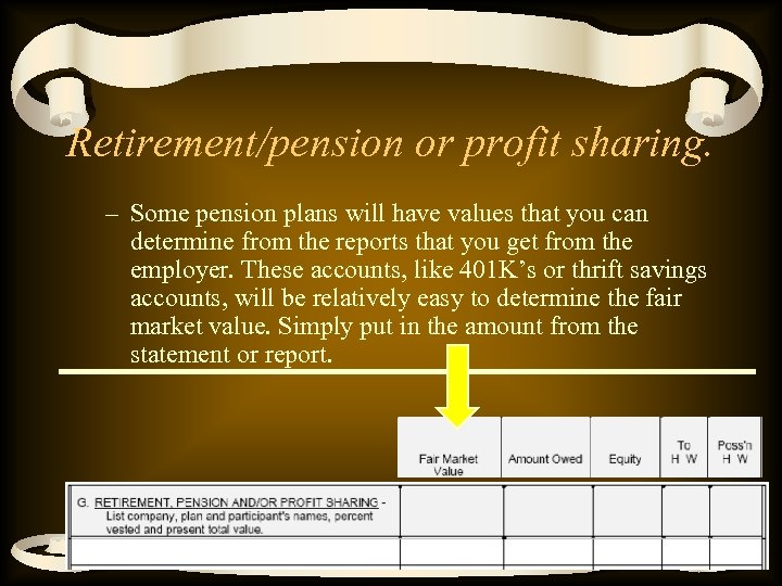 Retirement/pension or profit sharing. – Some pension plans will have values that you can