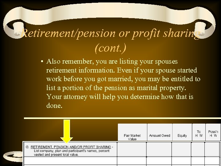 Retirement/pension or profit sharing (cont. ) • Also remember, you are listing your spouses