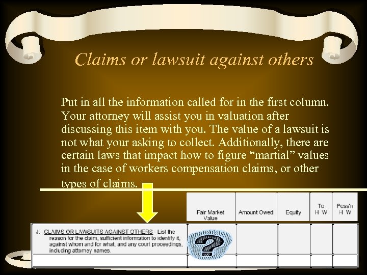 Claims or lawsuit against others Put in all the information called for in the