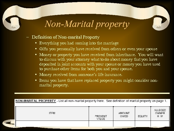 Non-Marital property – Definition of Non-marital Property • Everything you had coming into the