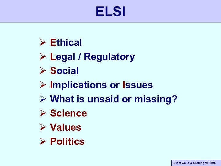 ELSI Ø Ø Ø Ø Ethical Legal / Regulatory Social Implications or Issues What