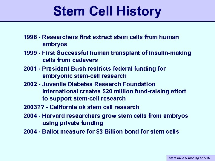 Stem Cell History 1998 - Researchers first extract stem cells from human embryos 1999