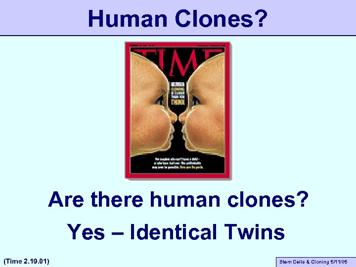 Human Clones? Are there human clones? Yes – Identical Twins (Time 2. 19. 01)