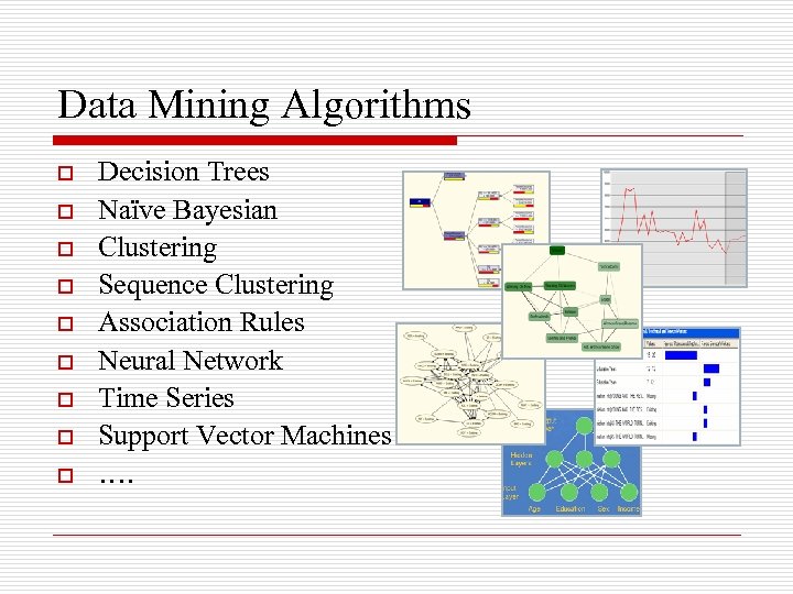 Data Mining Algorithms o o o o o Decision Trees Naïve Bayesian Clustering Sequence