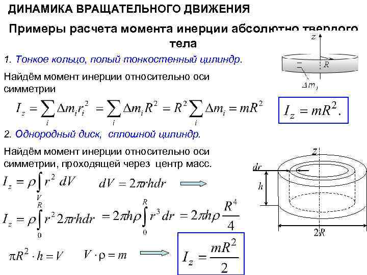 ДИНАМИКА ВРАЩАТЕЛЬНОГО ДВИЖЕНИЯ Примеры расчета момента инерции абсолютно твердого тела 1. Тонкое кольцо, полый