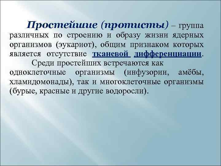 Простейшие (протисты) – группа различных по строению и образу жизни ядерных организмов (эукариот), общим