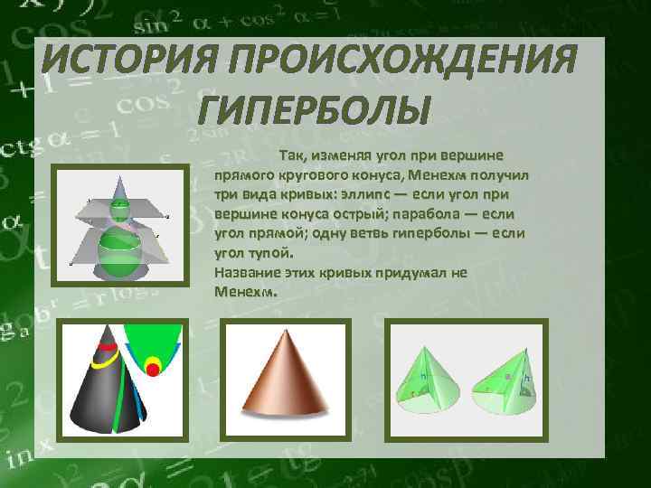 ИСТОРИЯ ПРОИСХОЖДЕНИЯ ГИПЕРБОЛЫ Так, изменяя угол при вершине прямого кругового конуса, Менехм получил три