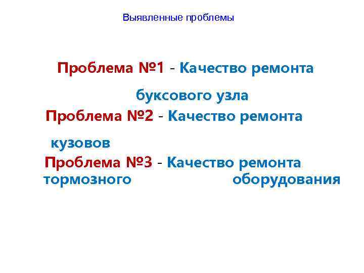 Выявленные проблемы Проблема № 1 - Качество ремонта буксового узла Проблема № 2 -