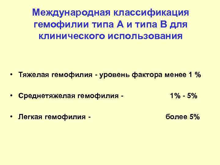 Международная классификация гемофилии типа А и типа В для клинического использования • Тяжелая гемофилия