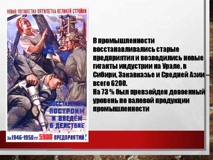 В промышленности восстанавливались старые предприятия и возводились новые гиганты индустрии на Урале, в Сибири,