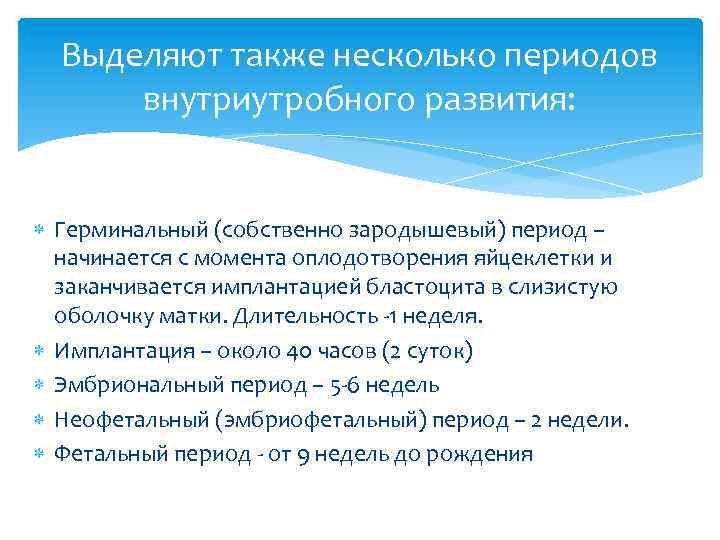 Выделяют также несколько периодов внутриутробного развития: Герминальный (собственно зародышевый) период – начинается с момента