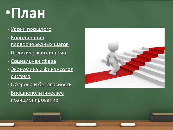  • План • • Уроки прошлого Координация первоочередных шагов Политическая система Социальная сфера