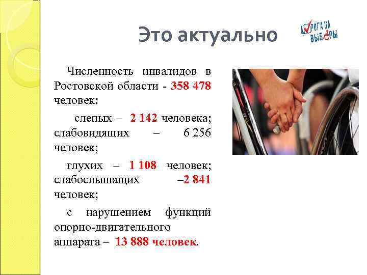 Это актуально Численность инвалидов в Ростовской области - 358 478 человек: слепых – 2