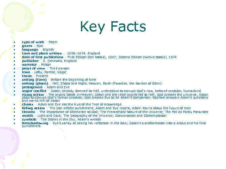 Key Facts • • • • • • type of work · Poem genre