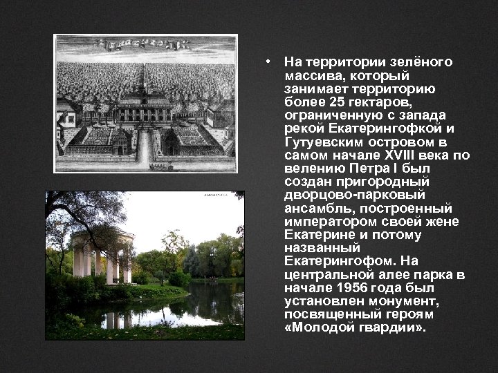  • На территории зелёного массива, который занимает территорию более 25 гектаров, ограниченную с