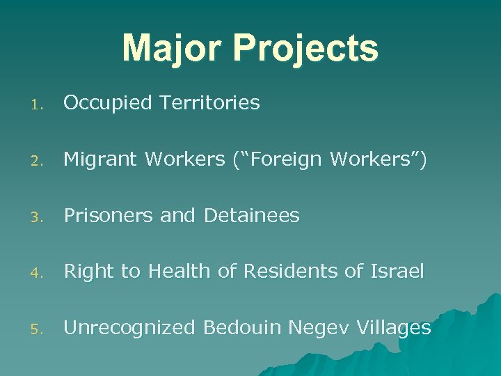 Major Projects 1. Occupied Territories 2. Migrant Workers (“Foreign Workers”) 3. Prisoners and Detainees