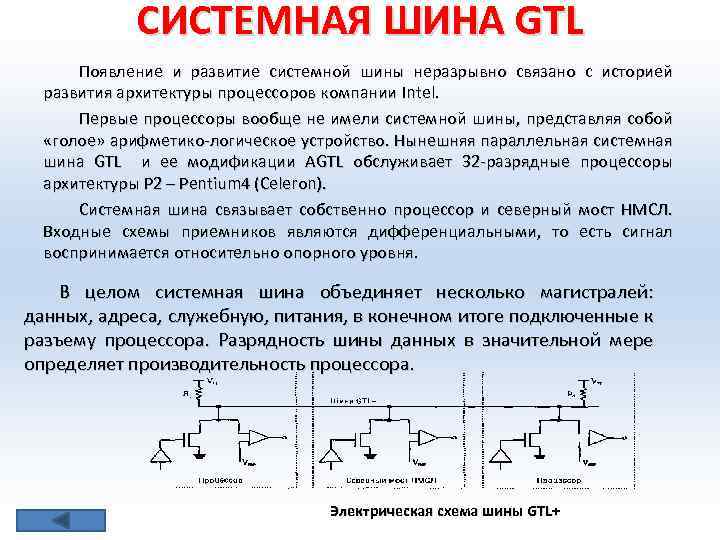 СИСТЕМНАЯ ШИНА GTL Появление и развитие системной шины неразрывно связано с историей развития архитектуры