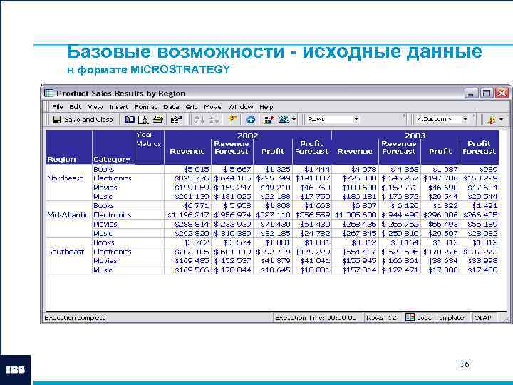 Базовые возможности - исходные данные в формате MICROSTRATEGY 16 