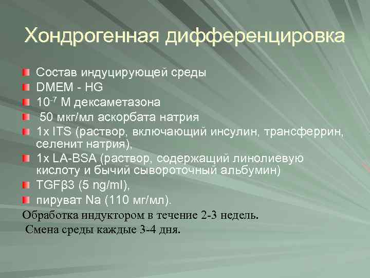 Хондрогенная дифференцировка Состав индуцирующей среды DMEM - HG 10 -7 М дексаметазона 50 мкг/мл