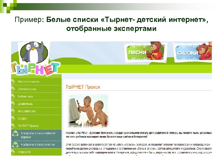 Пример: Белые списки «Тырнет- детский интернет» , отобранные экспертами 