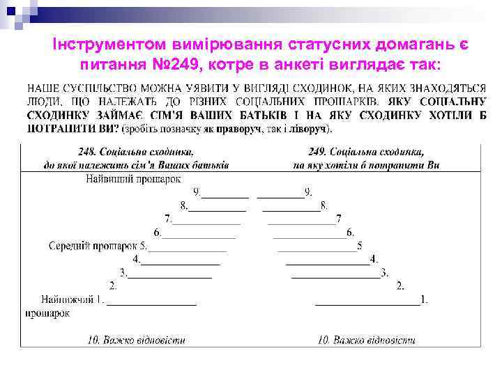 Інструментом вимірювання статусних домагань є питання № 249, котре в анкеті виглядає так: 
