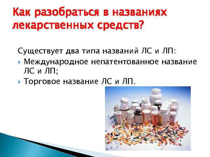 Как разобраться в названиях лекарственных средств? Существует два типа названий ЛС и ЛП: Международное