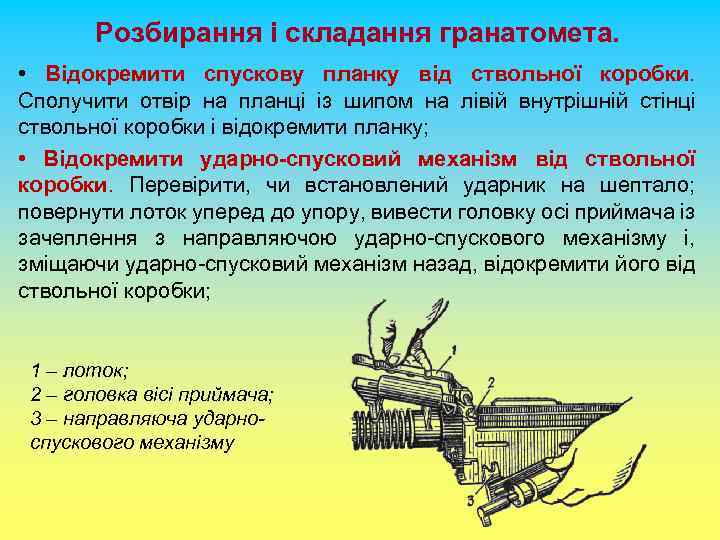 Розбирання і складання гранатомета. • Відокремити спускову планку від ствольної коробки. Сполучити отвір на