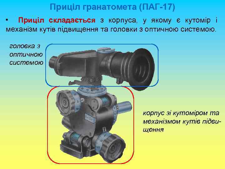 Приціл гранатомета (ПАГ-17) • Приціл складається з корпуса, у якому є кутомір і механізм