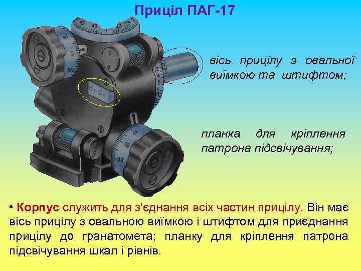 Приціл ПАГ-17 вісь прицілу з овальної виїмкою та штифтом; планка для кріплення патрона підсвічування;