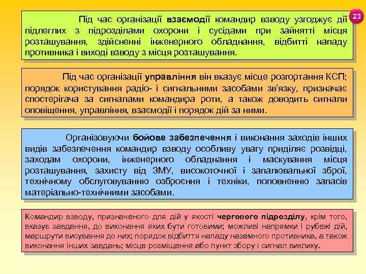 Під час організації взаємодії командир взводу узгоджує дії підлеглих з підрозділами охорони і сусідами