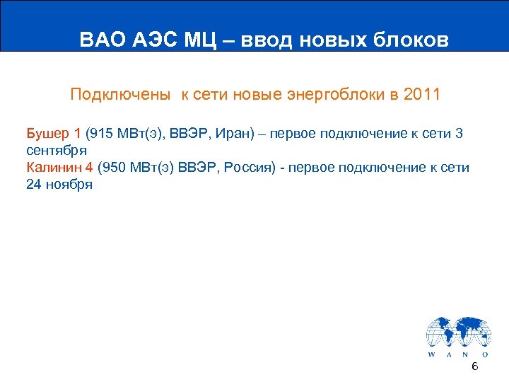 ВАО АЭС МЦ – ввод новых блоков Подключены к сети новые энергоблоки в 2011