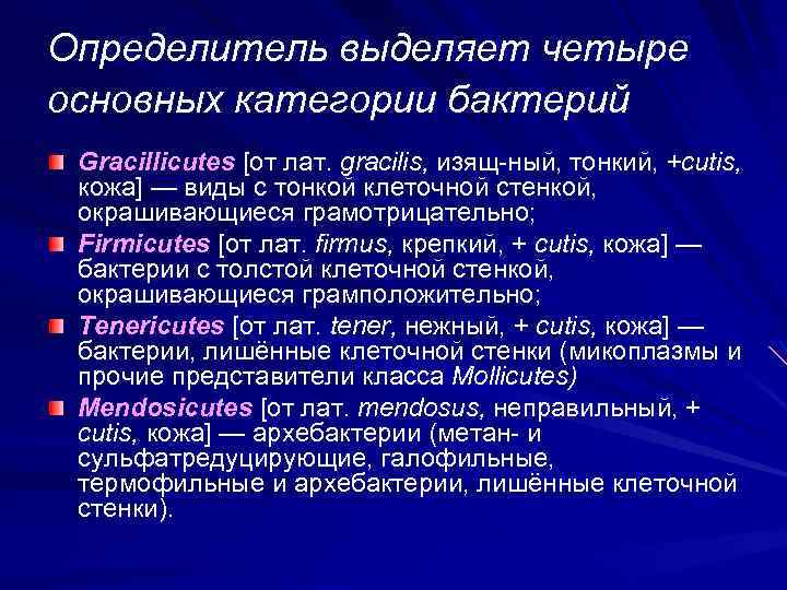 Определитель выделяет четыре основных категории бактерий Gracillicutes [от лат. gracilis, изящ ный, тонкий, +cutis,