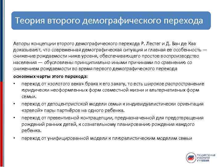 Теория второго демографического перехода Авторы концепции второго демографического перехода Р. Лестег и Д. Ван