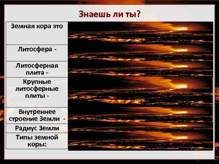 Знаешь ли ты? Земная кора это внешняя твёрдая (каменная) оболочка Земли, верхняя часть литосферы