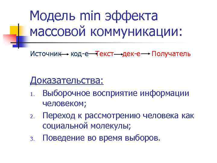 Модель min эффекта массовой коммуникации: Источник код-е Текст дек-е Получатель Доказательства: 1. 2. 3.