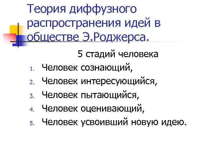 Теория диффузного распространения идей в обществе Э. Роджерса. 1. 2. 3. 4. 5. 5